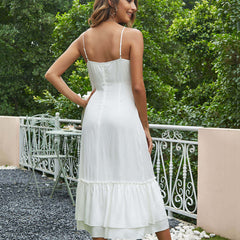 Robe mi-longue sans manches à ourlet volanté et bordure en dentelle de couleur unie - Blanc