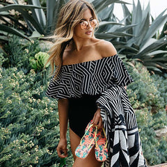 Trendy Geometrischer Rüschen Off Shoulder Einteiliger Badeanzug - Schwarz