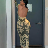 Robe longue dos nu à imprimé camouflage et manches longues tendance - Vert