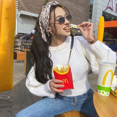 Trendy Rundhals Bischof Ärmel Crop Pullover Pullover - Weiß