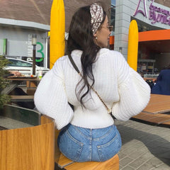 Trendy Rundhals Bischof Ärmel Crop Pullover Pullover - Weiß