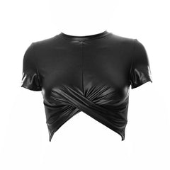 Trendy Twist Front Crew Neck Short Sleeve Faux Leather Crop Top - Black