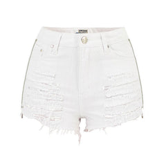 Trendy High Waist Distressed Denim Shorts mit Reißverschlussbesatz - Weiß