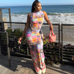 Robe longue sans manches à col haut et imprimé buvard - Multicolore