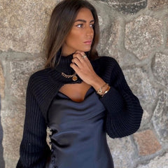 Einzigartiger Rollkragenpullover mit langen Ärmeln und Rippstrick - Schwarz