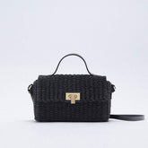 Vacation Ready Woven Faux Leather Trim Top Handle Crossbody Bag - Black
