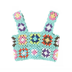 Pull-over fleuri vibrant en tricot crocheté Granny Square - Menthe