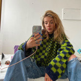 Vintage Karomuster Langarm Strick Crop Pullover - Grün