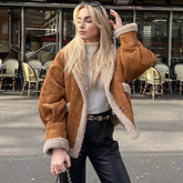 Vintage Kragen Patch Tasche Langarm Faux Shearling Jacke - Braun