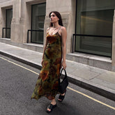 Robe longue trapèze à imprimé floral vintage en mousseline de soie à col en V - Vert