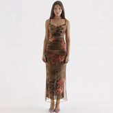 Robe longue moulante en maille froncée à imprimé floral vintage - Marron