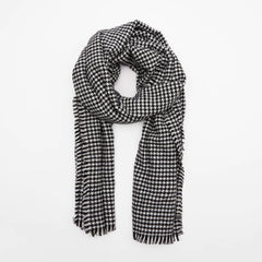 Vintage Houndstooth Print Frayed Oversized Blanket Scarf - Black