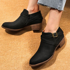 Vintage Pointed Toe Block Heel Buckle Strap Suede Ankle Boots - Black
