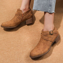 Vintage Pointed Toe Block Heel Buckle Strap Suede Ankle Boots - Brown