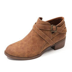 Vintage Pointed Toe Block Heel Buckle Strap Suede Ankle Boots - Brown