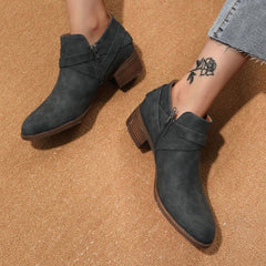 Vintage Pointed Toe Block Heel Buckle Strap Suede Ankle Boots - Gray Blue