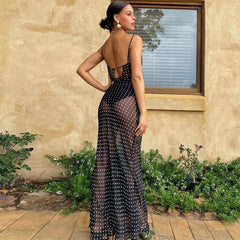 Robe longue transparente à pois et col bénitier à bretelles en soie vintage - Noir