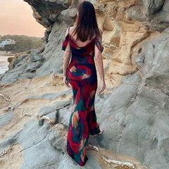 Robe longue de vacances à imprimé vintage, col bénitier, épaules dénudées - Rouge