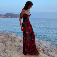 Robe longue de vacances à imprimé vintage, col bénitier, épaules dénudées - Rouge