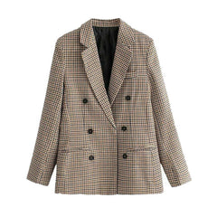 Vintage Style Hoodstooth Printed Double Breasted Blazer - Dark Khaki
