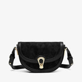 Vintage Suede Argyle Pattern Faux Leather Crossbody Saddle Bag - Black
