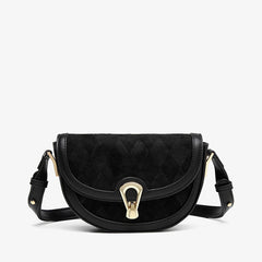 Vintage Suede Argyle Pattern Faux Leather Crossbody Saddle Bag - Black