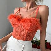 Whimsical Faux Fur Sweetheart Neck Sheer Lace Crop Corset Top - Orange