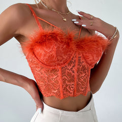 Whimsical Faux Fur Sweetheart Neck Sheer Lace Crop Corset Top - Orange