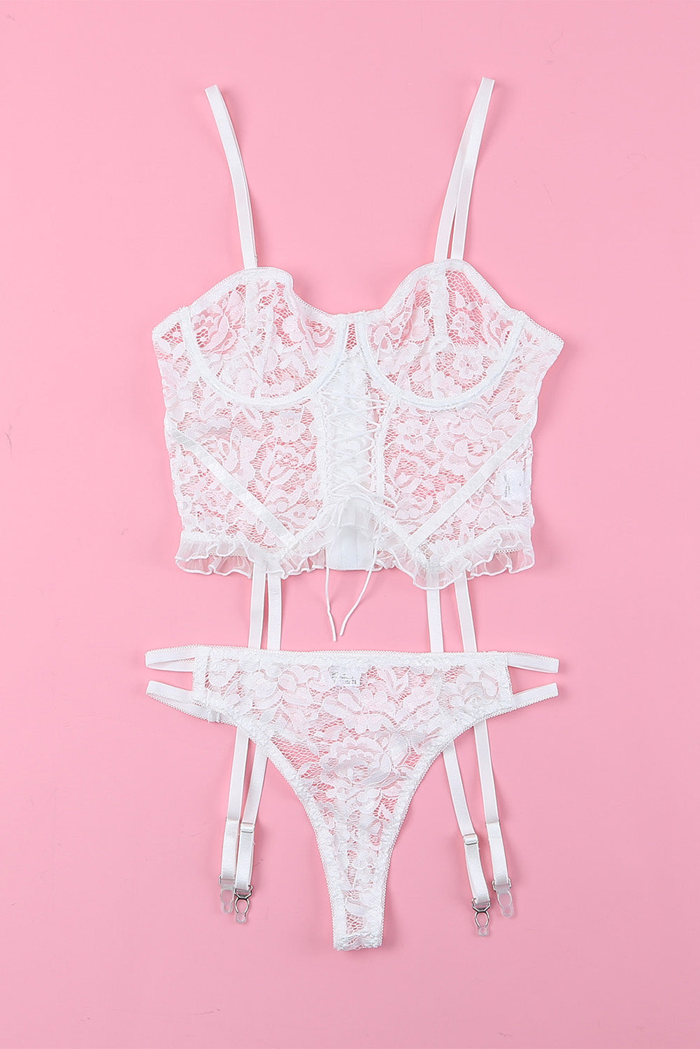 White Lace Criss Cross Lace-Up Ruffled Two-Piece Lingerie Set