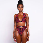 Ensemble bikini taille haute à imprimé serpent sauvage et string triangle échancré - Rouge