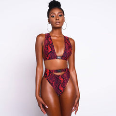 Ensemble bikini taille haute à imprimé serpent sauvage et string triangle échancré - Rouge