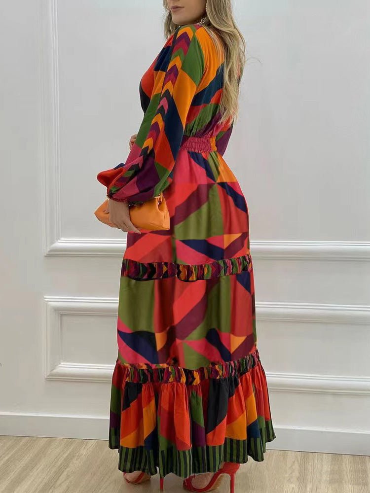 Printed V-Neck Long Sleeve Dress
