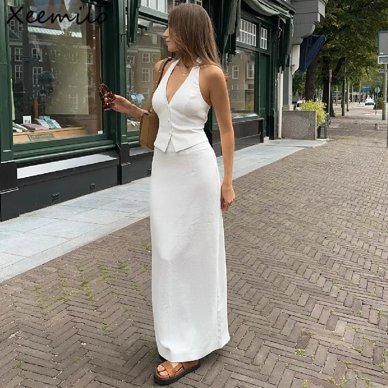 WHITE HALTER TANK TOP MAXI Skirt SET