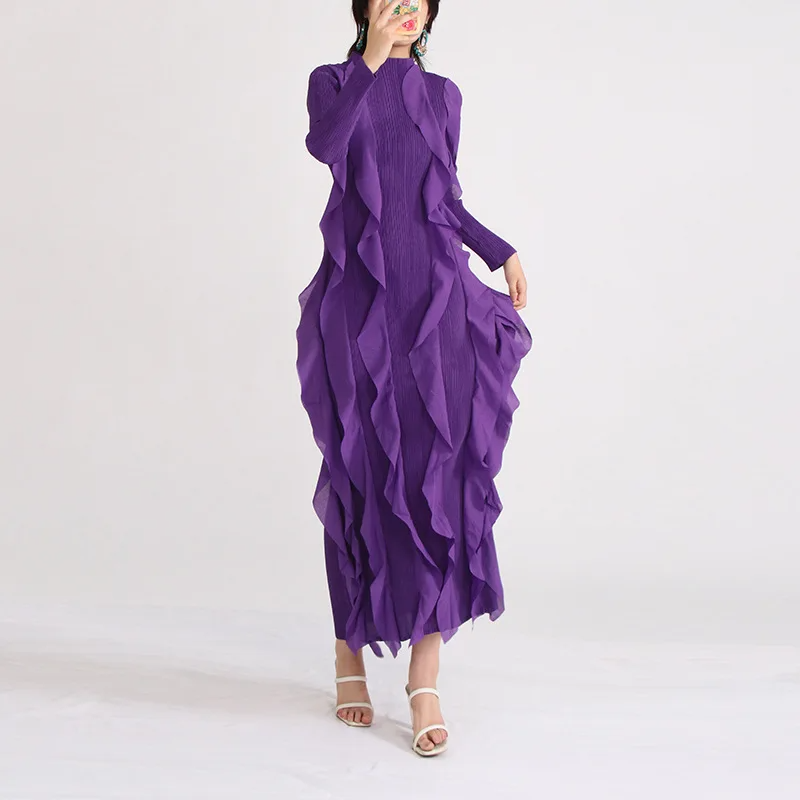 LILA Langarm Maxikleid mit RÜSCHEN