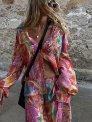 Printed Long Sleeve V-Neck Loose Pants Set