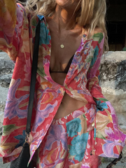 Printed Long Sleeve V-Neck Loose Pants Set