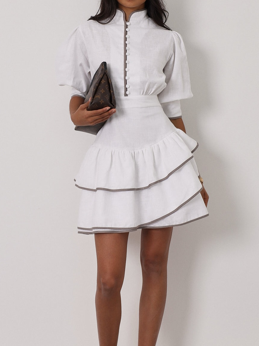 Contrasting color bubble sleeve shirt dress