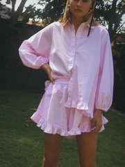 Striped Lapel Bubble Sleeve Ruffle Shorts Set