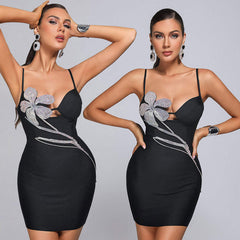 Mini-robe noire FUSAE avec fleur en cristal