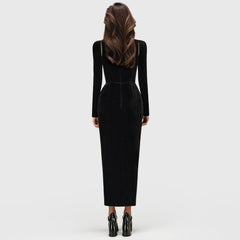 Black MIDI Dress with CORSET Long SleeveS and FRONT SLIT