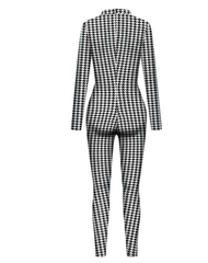 Trendy Houndstooth Printed Zipper Front Long Sleeve Jumpsuit - Black