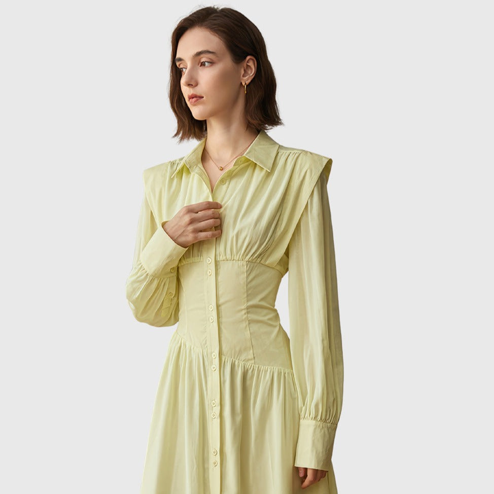 BUTTONED Long Sleeve MIDI Dress - YelLow