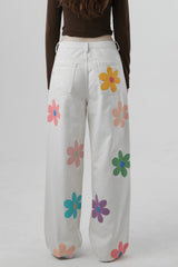 High Waisted Jeans with Flowers - White