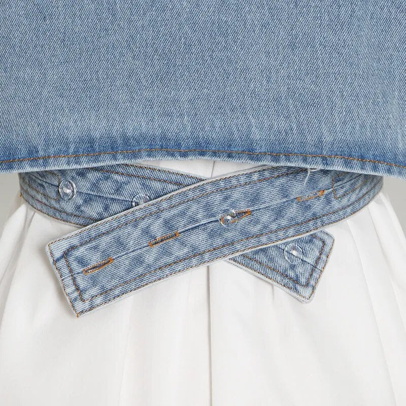 LAYVA WEISSES HEMD mit PUFFÄRMELN und CROSS-DENIM-WESTE, 2-TEILIGES SET