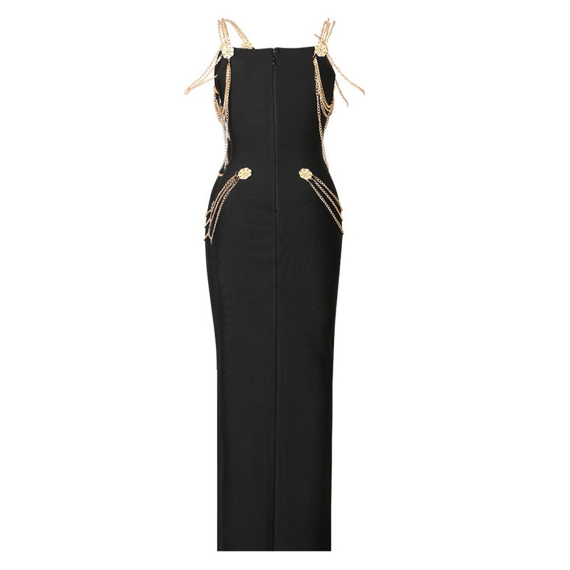 LILLY MAXI-Kleid mit GOLDKETTEN und VORDERSCHLITZ