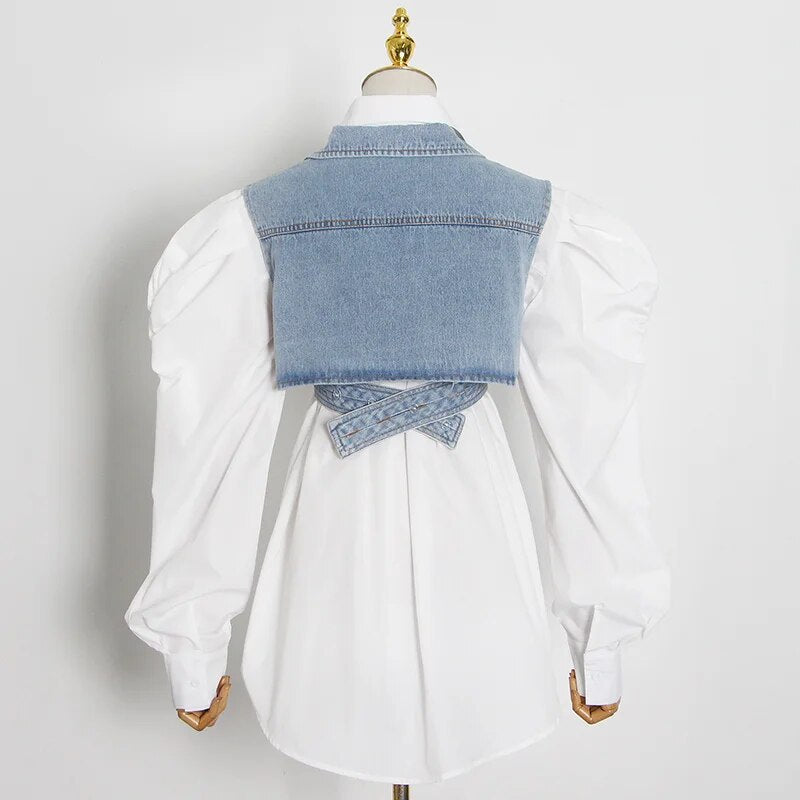 LAYVA WHITE SHIRT with PUFF SleeveS and CROSS DENIM VEST 2 PIECE SET