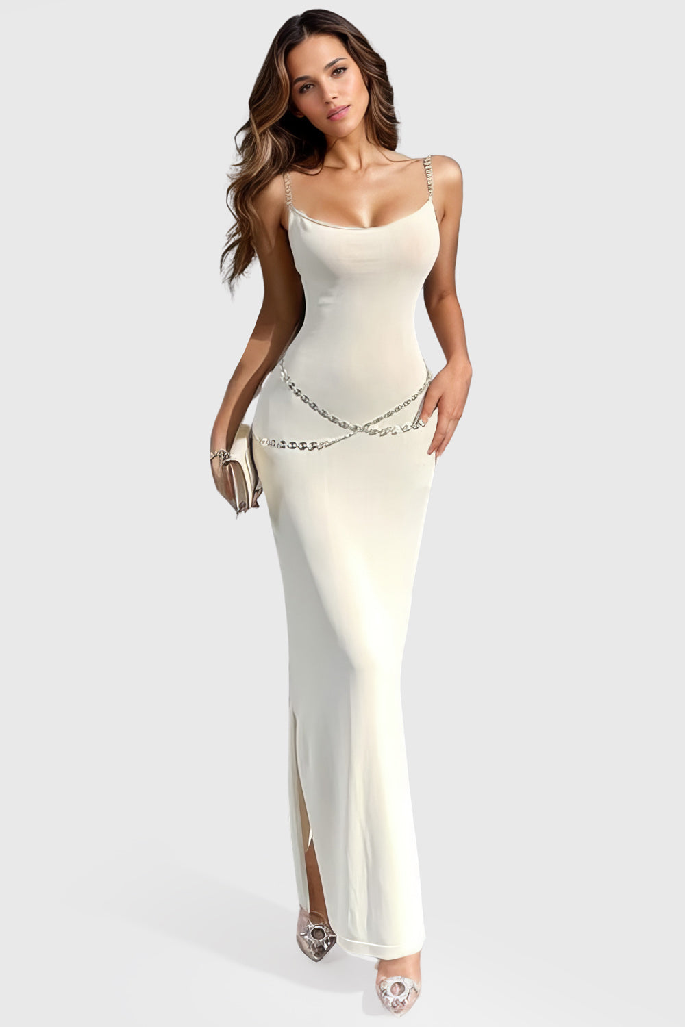 Fitted Midi Dress with Waist Chains - White