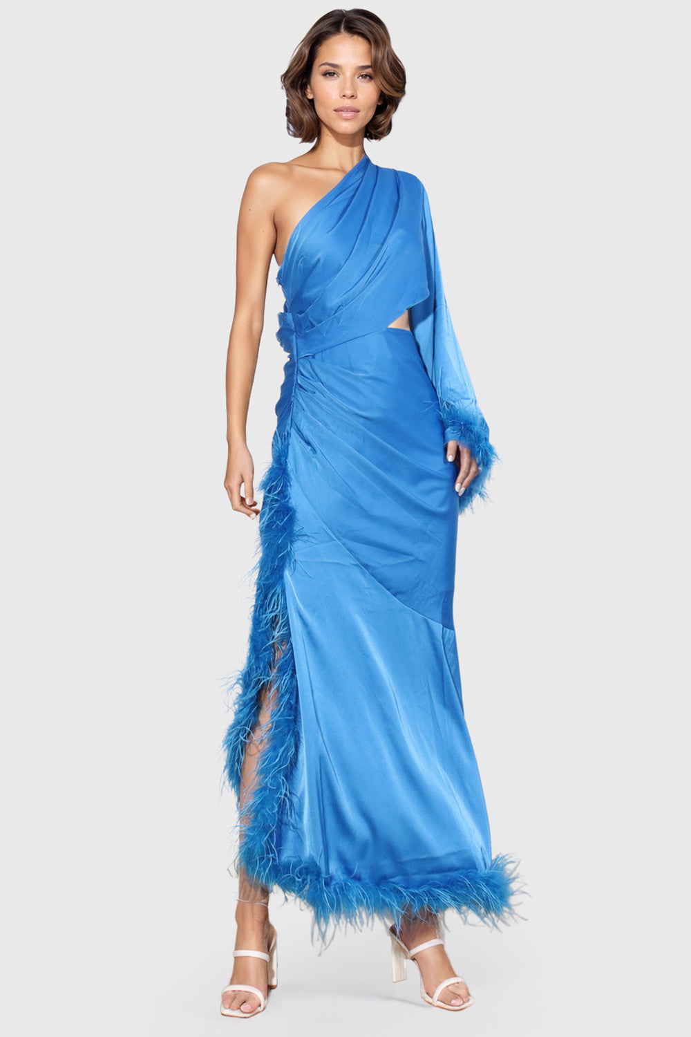 One Shoulder Maxi Skirt with Feathers - Blue