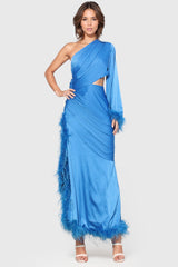 One Shoulder Maxi Skirt with Feathers - Blue