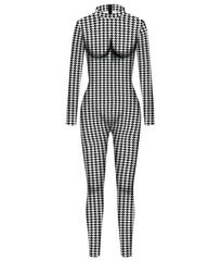 Trendy Hahnentrittmuster bedruckter Langarm-Jumpsuit mit Reißverschluss vorne - Schwarz